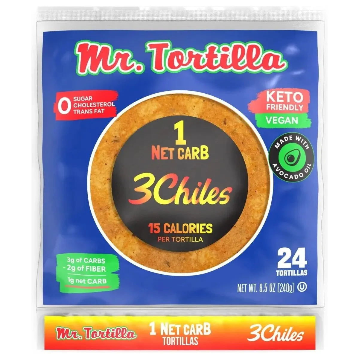 Mr Tortilla 1 Net Carb Tortilla Wraps 3 Chiles - 24 pack
