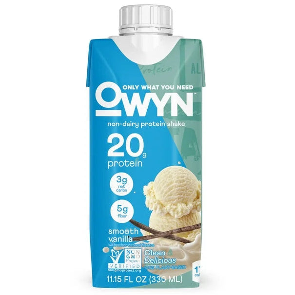 OWYN non-dairy protein shake packaging with vanilla ice cream illustration on a white background