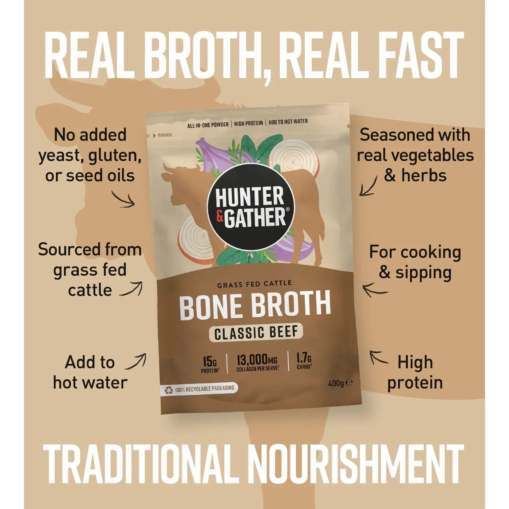 Hunter & Gather Grass Fed Cattle Bone Broth - Classic Beef 400g