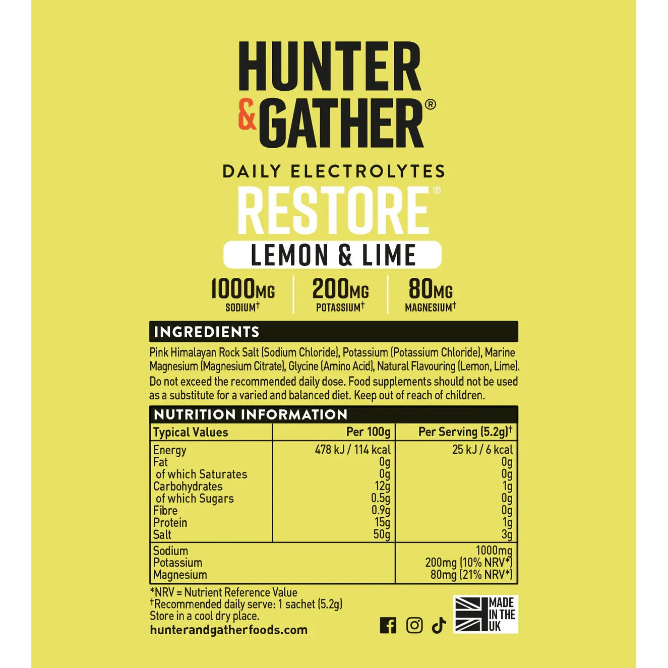 Hunter & Gather Restore Electrolytes - Lemon & Lime 30 pack