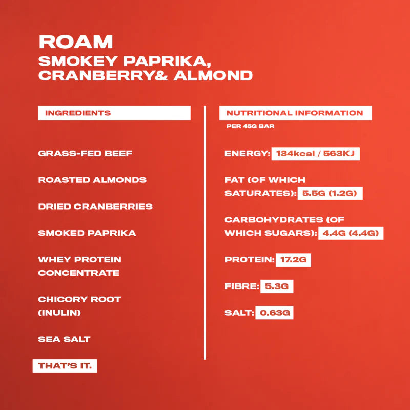 Roam Smoked Paprika, Cranberry & Almond Grass Fed Beef Bar 45g