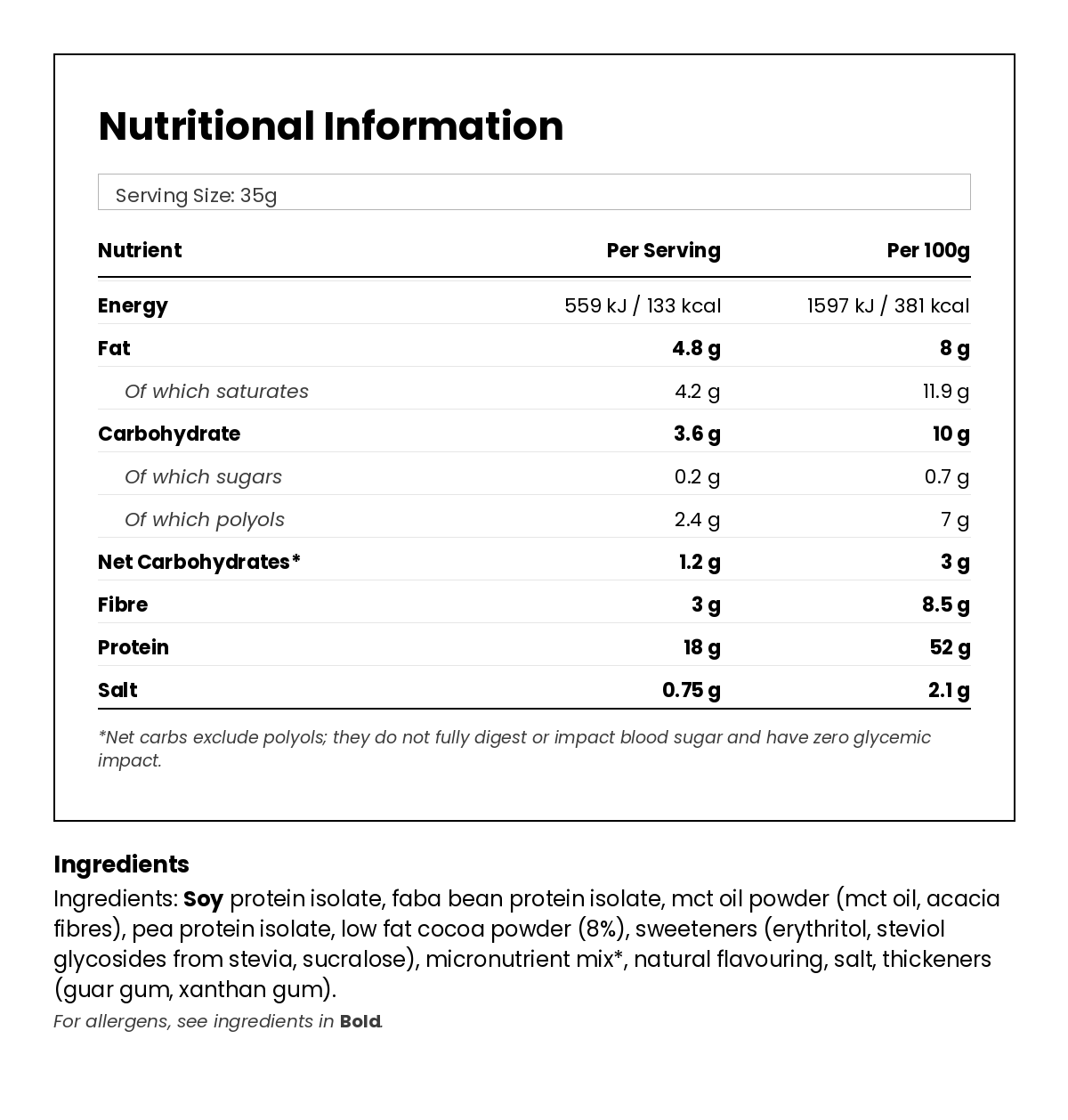 Nutritional information for Chocolate Keto Protein Shake 350g