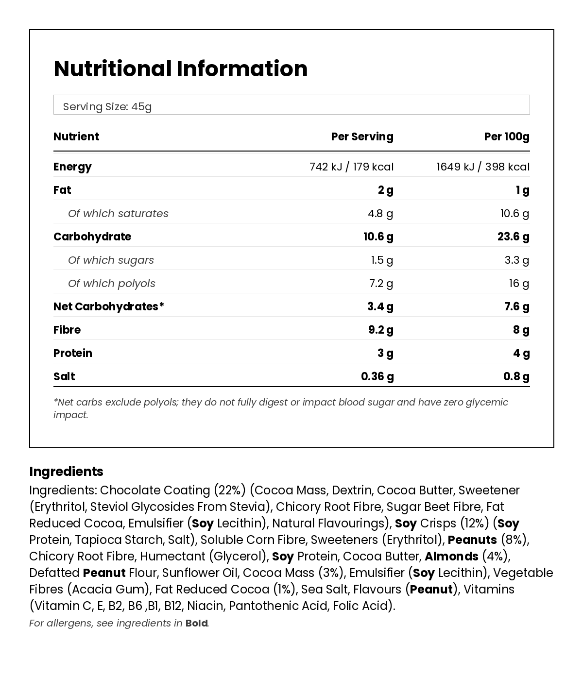 Nutritional information for Double Choc Crisp Keto Bar 45g