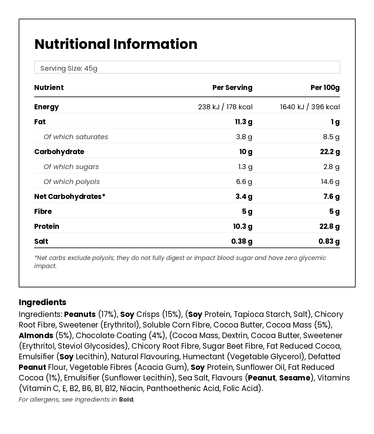 Nutritional information for Peanut Butter & Cocoa Keto Bar 45g