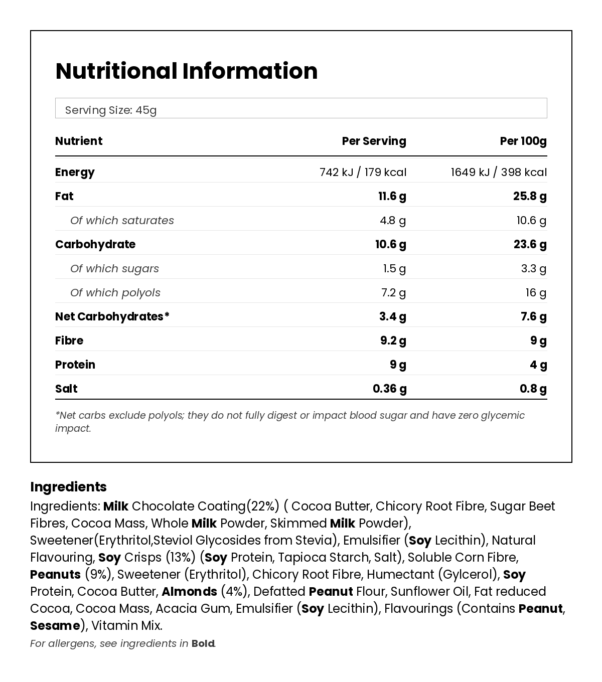 Nutritional information for Peanut Caramel Keto Bar 45g