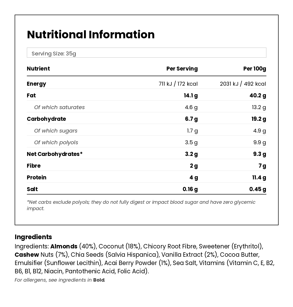 Nutritional information for Vanilla & Coconut Keto Bar 35g