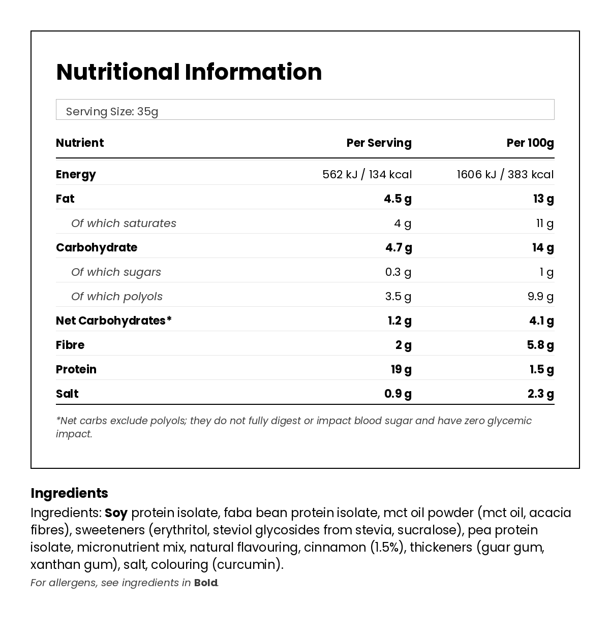 Nutritional information for Vanilla Keto Protein Shake 350g