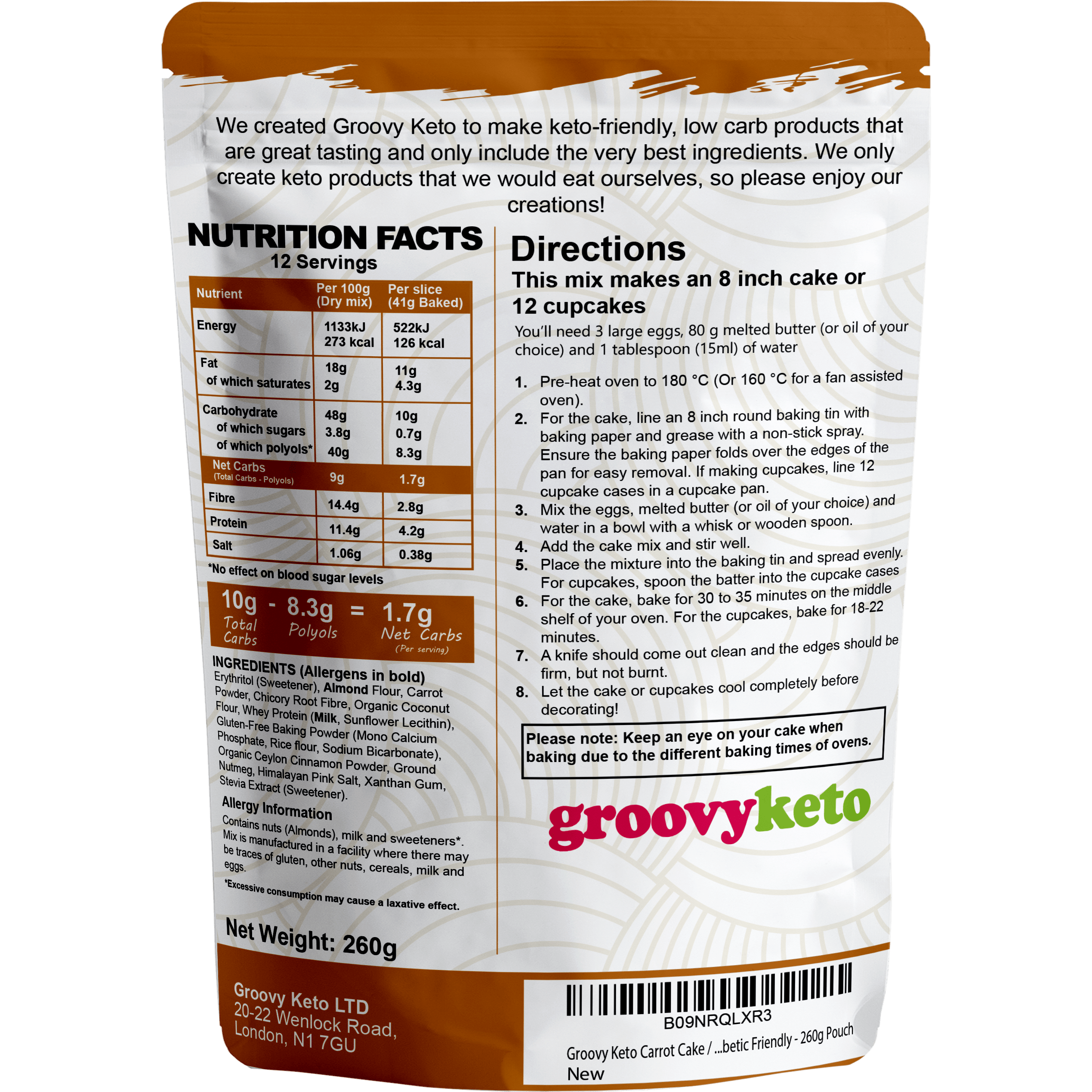 Groovy Keto Carrot Cake Low Carb Baking Mix 260g