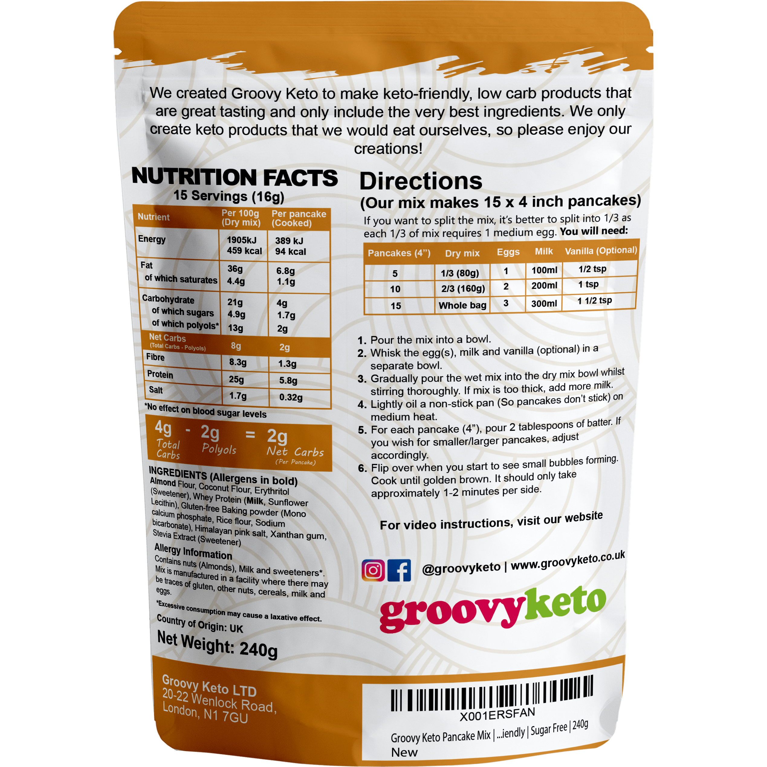 Groovy Keto Pancake Low Carb Baking Mix 260g