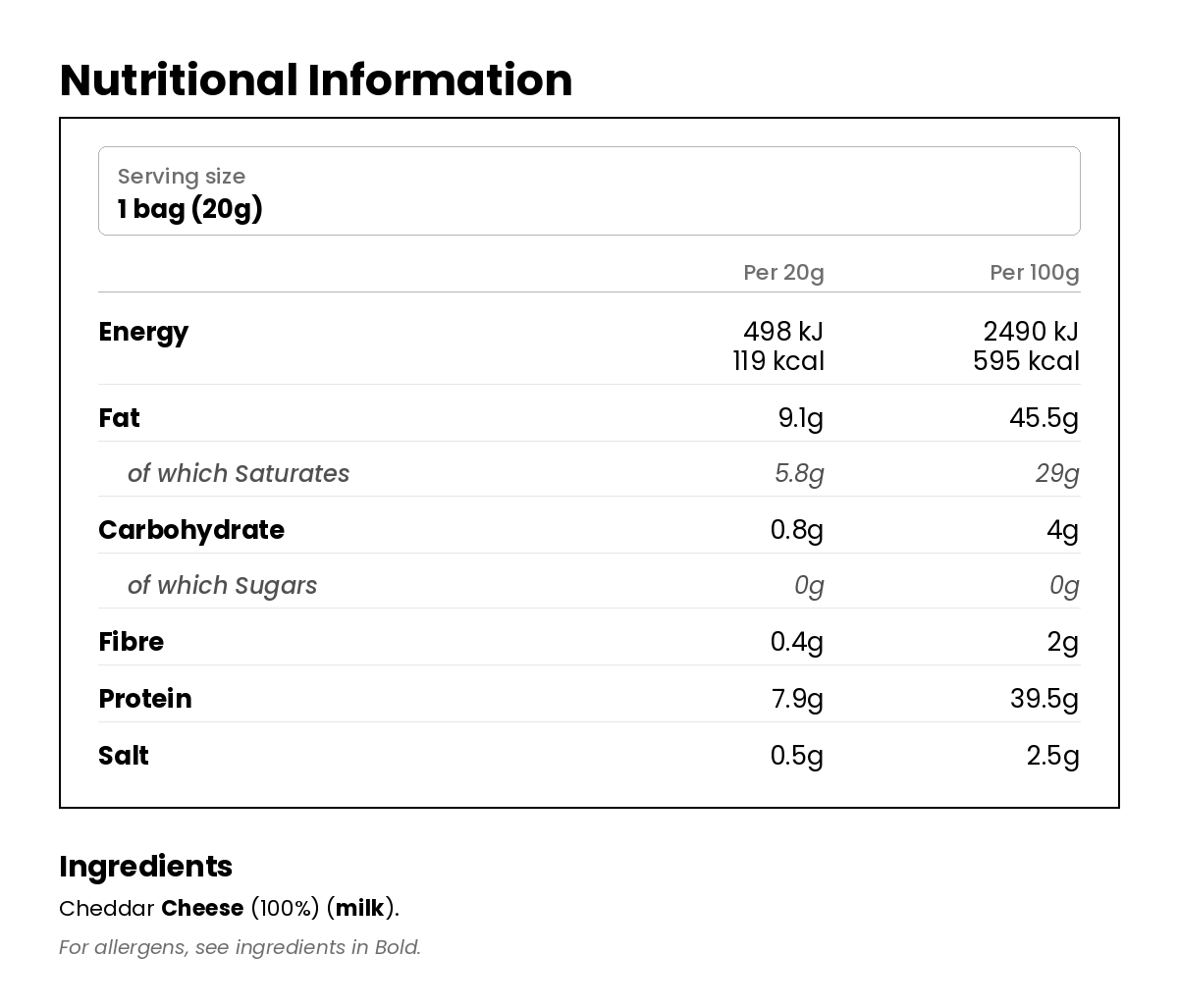 Nutritional information for Cheddar Crunchy Puffed Cheese Bites 20g