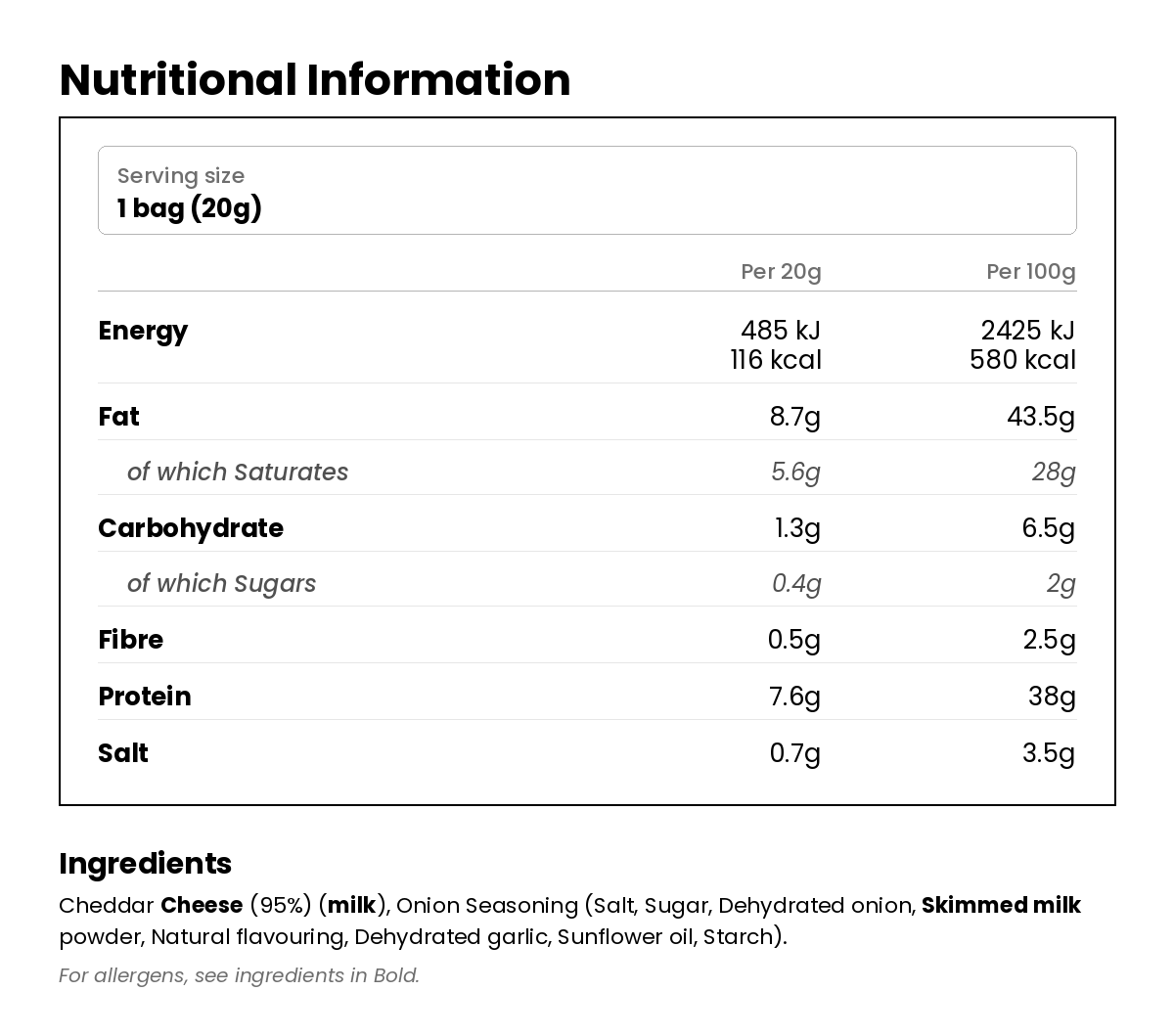 Nutritional information for Cheese & Onion Crunchy Puffed Cheese Bites 20g
