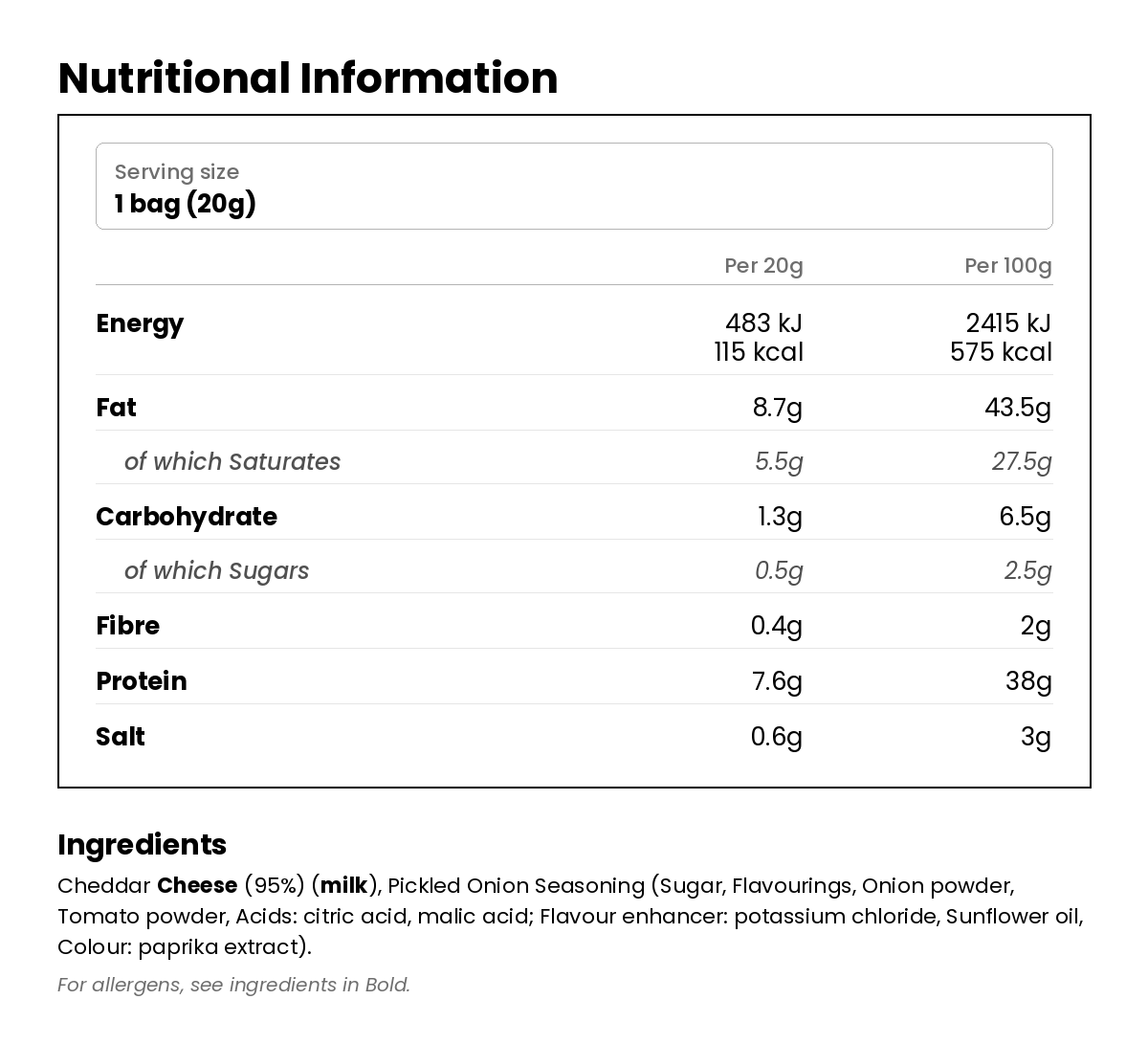 Nutritional information for Pickled Onion Crunchy Puffed Bites 20g