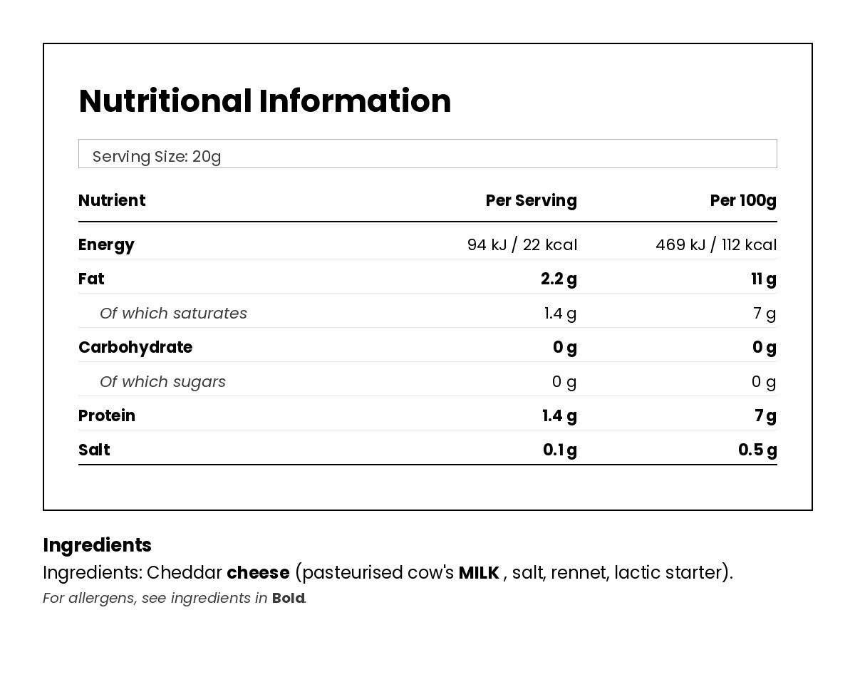 Nutritional information for Cheddar Snack 20g