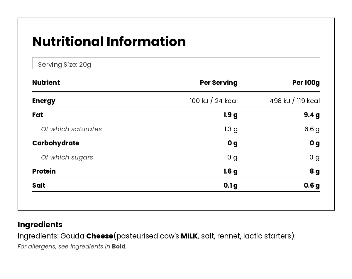 Nutritional information for Gouda Snack 20g