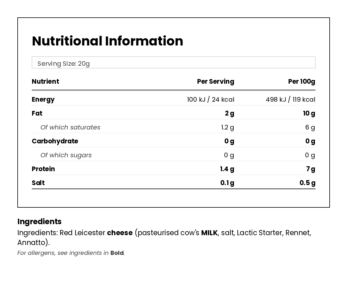 Nutritional information for Red Leicester Snack 20g