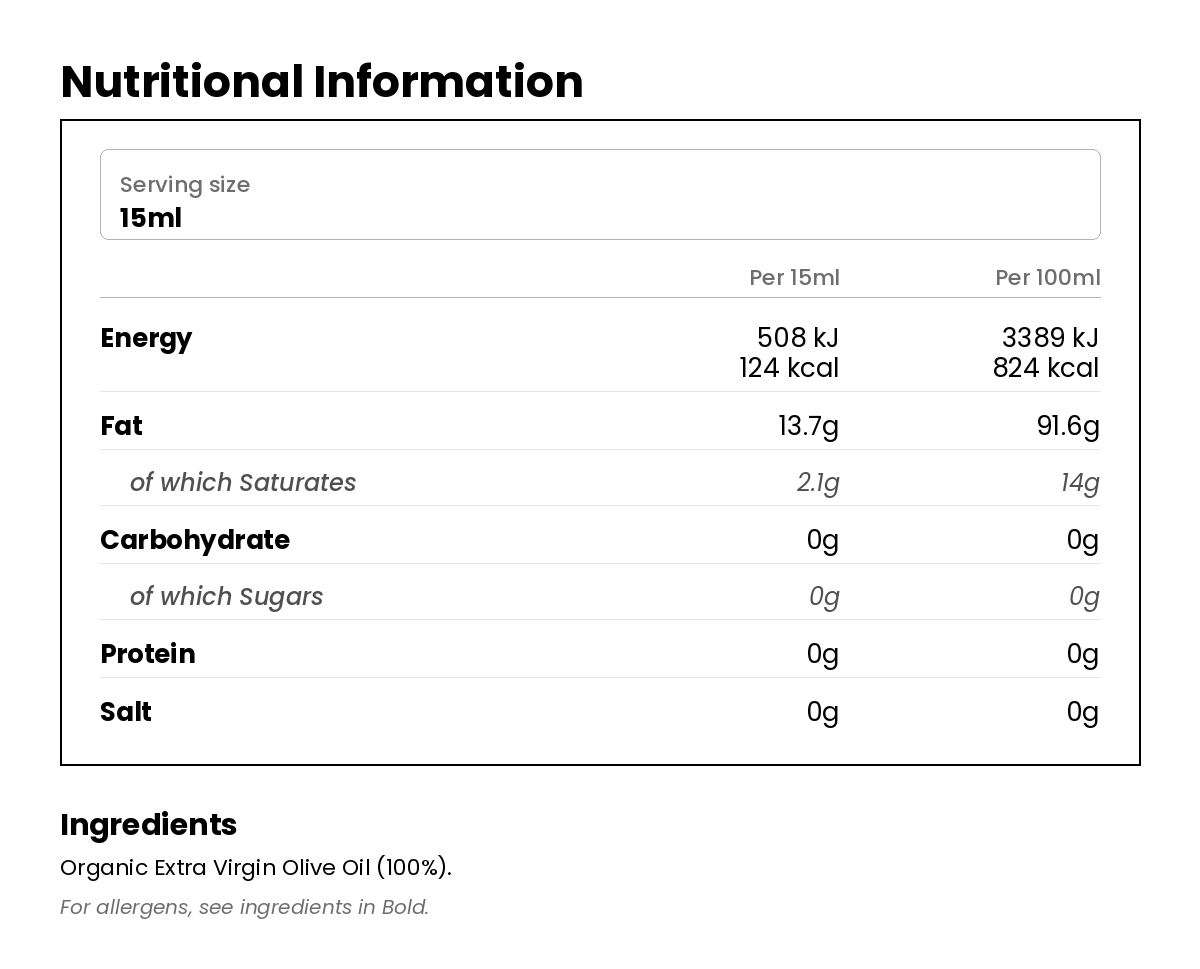 Nutritional information for Greek Extra Virgin Olive Oil 500ml