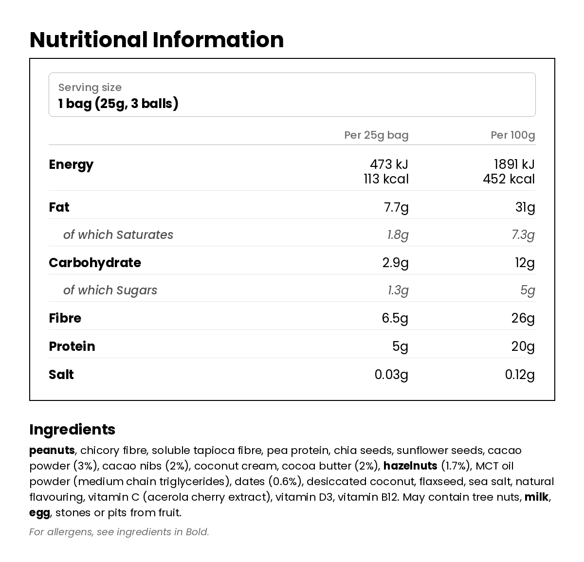 Nutritional information for Double Choc Keto Balls 25g