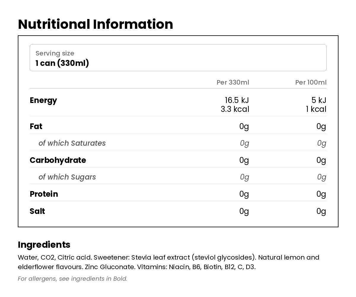 Nutritional information for Lemon & Elderflower Immune Edition - 4 x 330ml