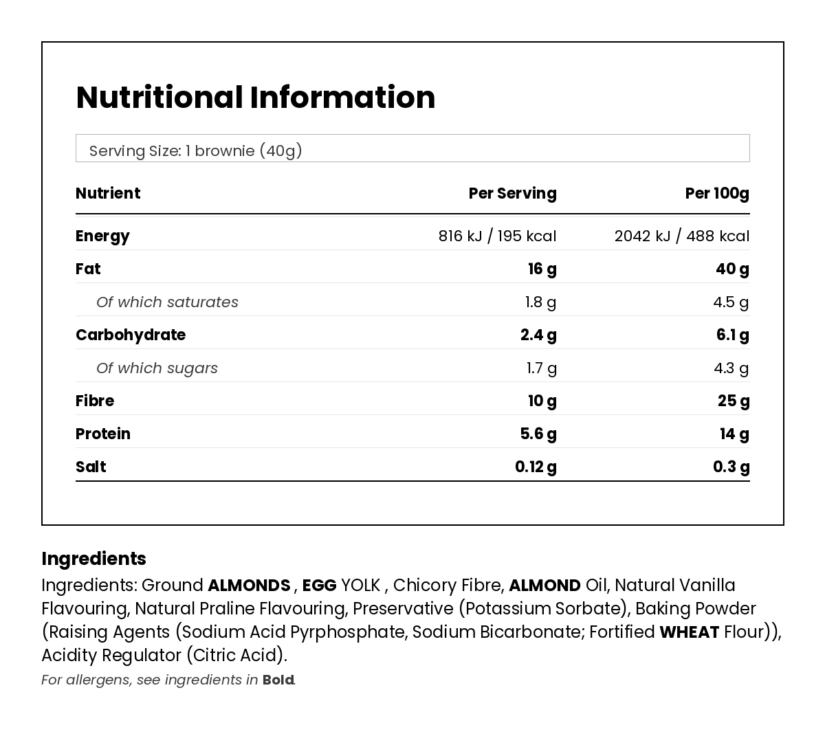 Nutritional information for Vanilla Praline Keto Blondie 40g