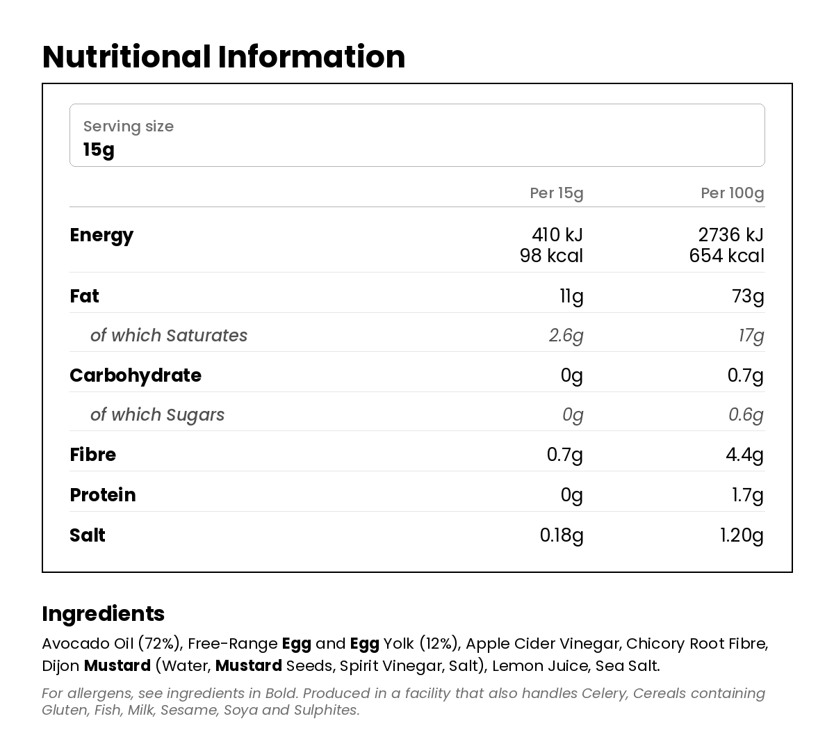 Nutritional information for Classic Mayo 305g