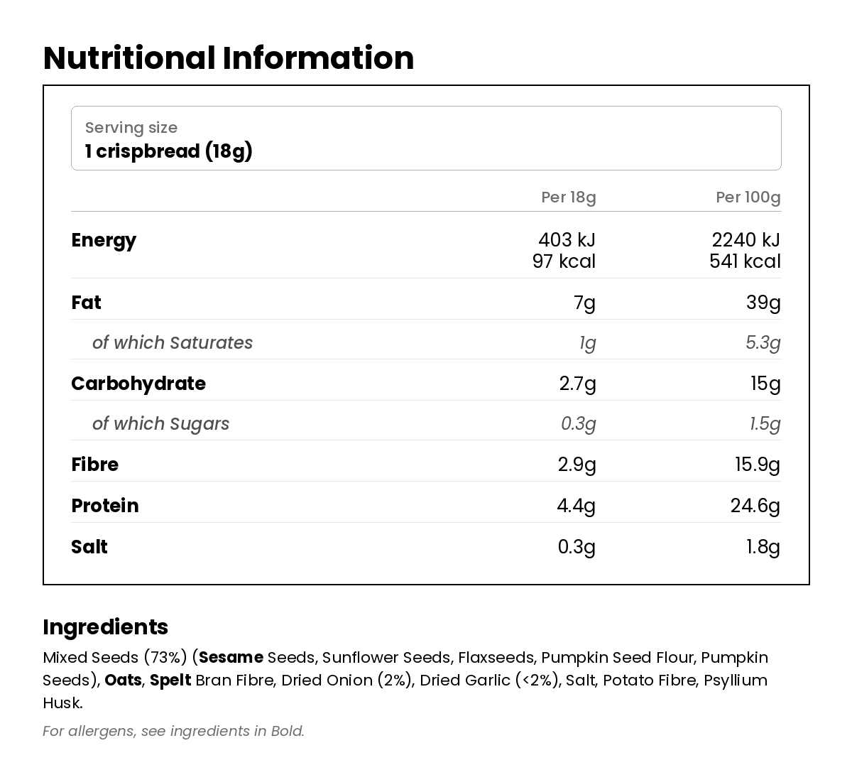Nutritional information for 'Everything But The Bagel' Crisp Bread 144g