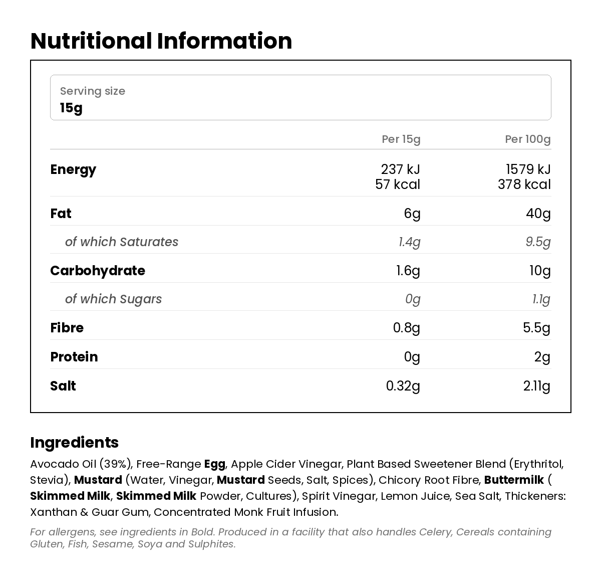Nutritional information for Proper Salad Cream 315g
