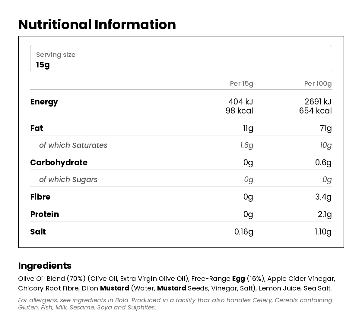 Nutritional information for Slightly Posh Mayo 305g