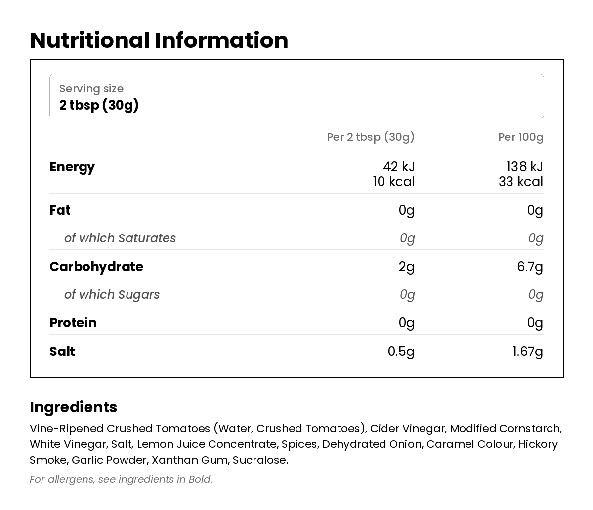 Nutritional information for Sugar Free BBQ Sauce Hickory 510g
