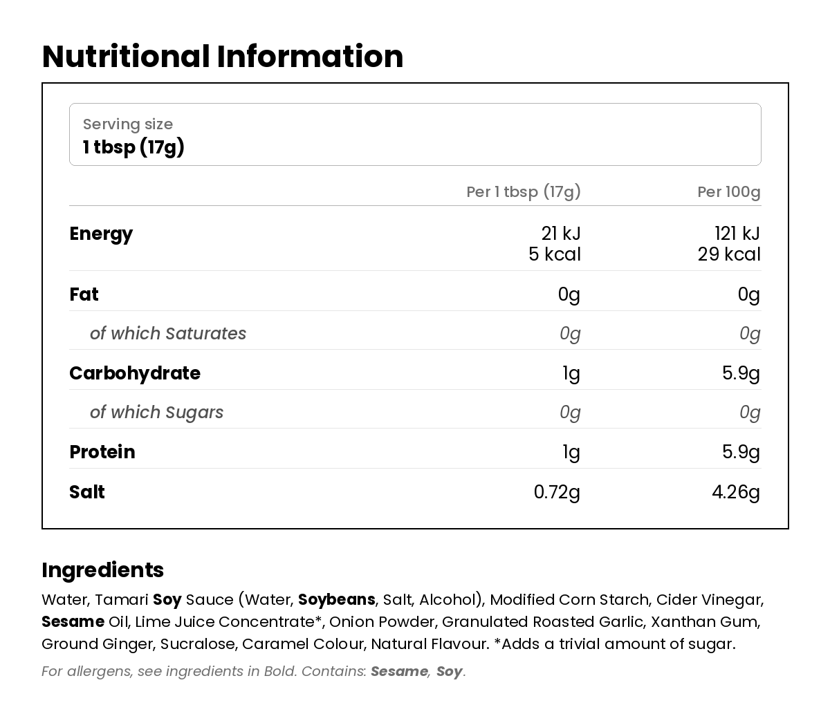 Nutritional information for Sugar Free Stir Fry Sauce 340g