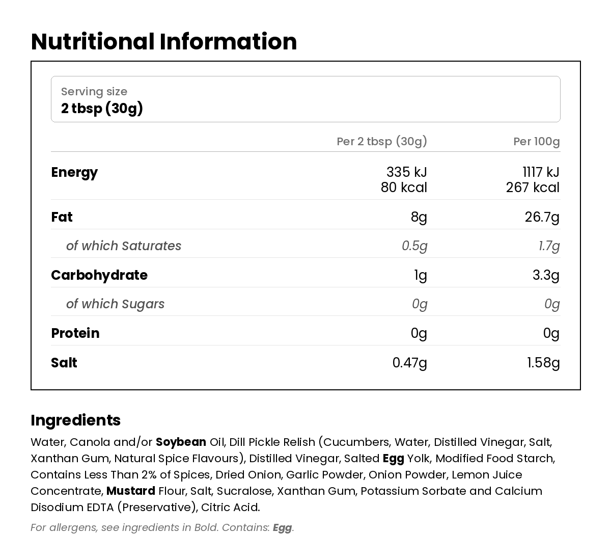 Nutritional information for Sugar Free Tartare Sauce 354ml