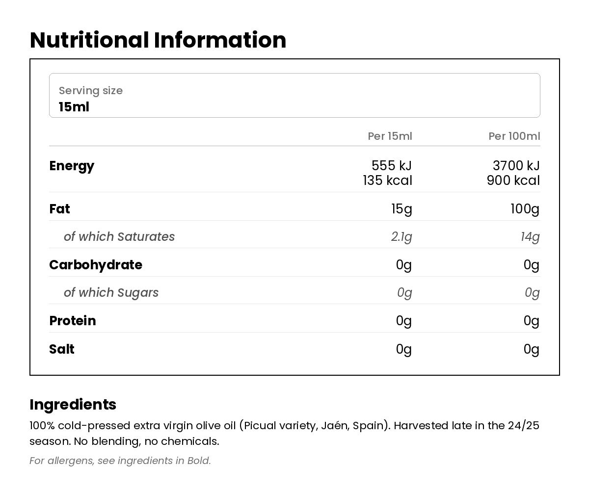 Nutritional information for EVOO for Cooking 750ml