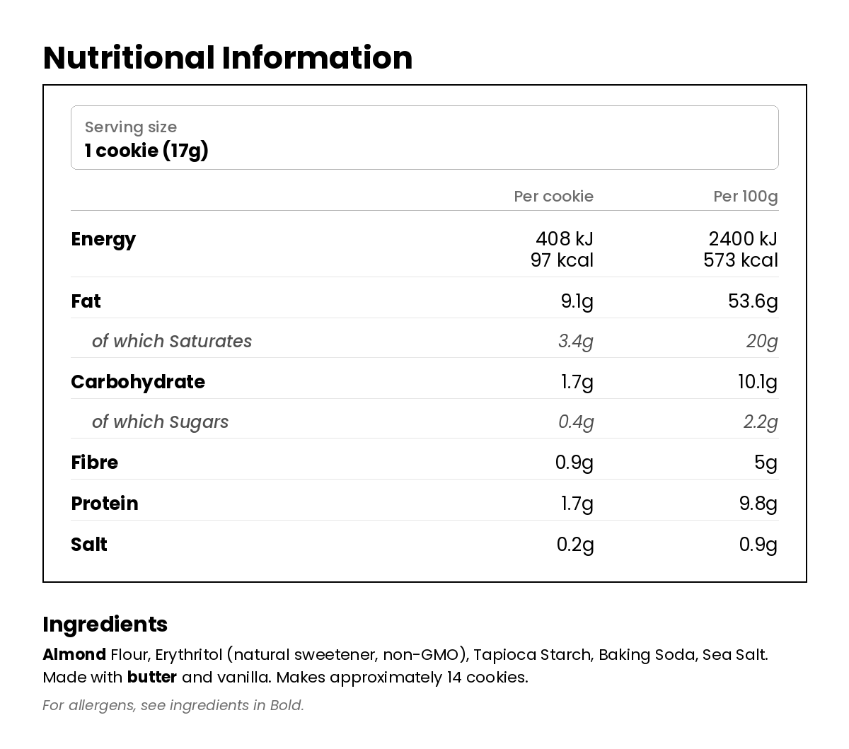 Nutritional information for Keto Buttery Cookie Low Carb Baking Mix 179g