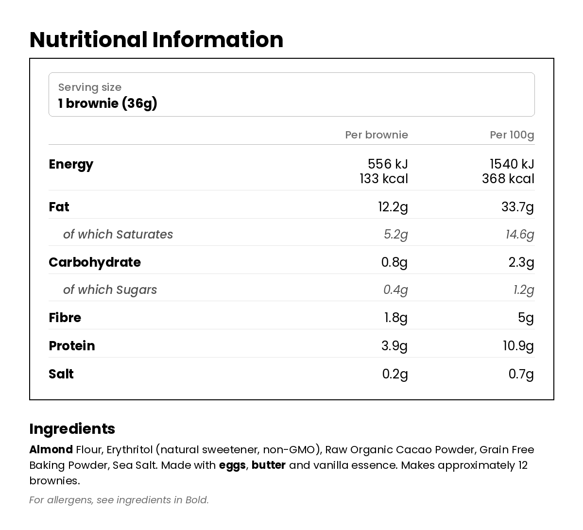 Nutritional information for Keto Chocolate Brownie Low Carb Baking Mix 218g