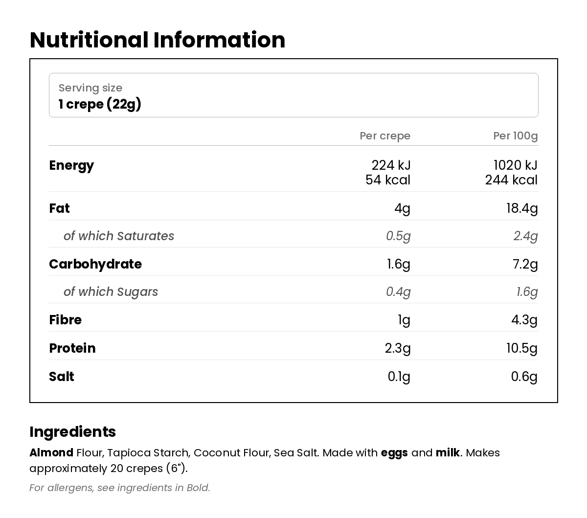 Nutritional information for Keto Crepe French Style Low Carb Baking Mix 204g