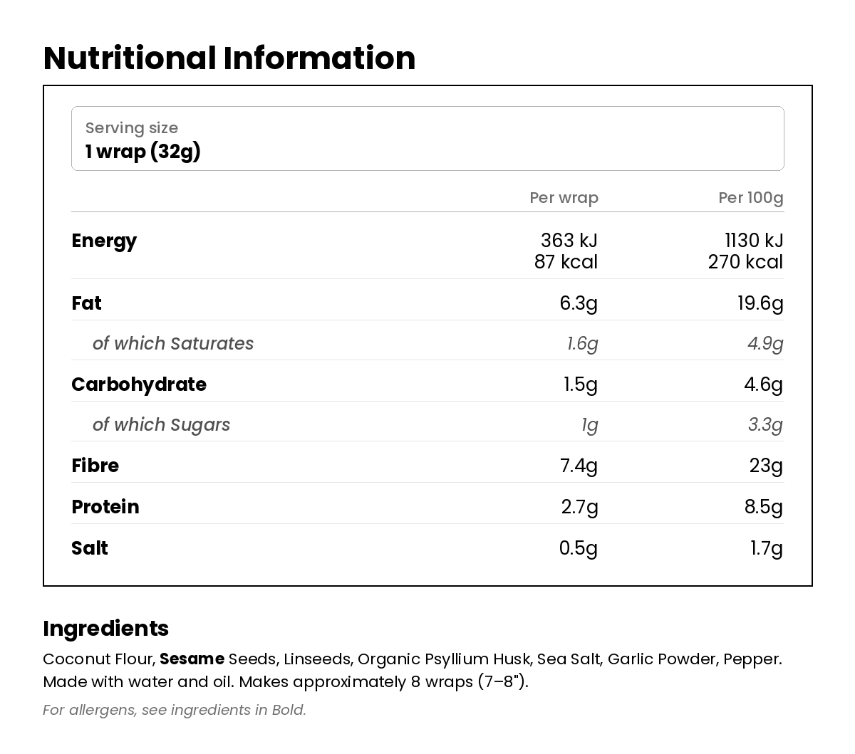 Nutritional information for Keto Wraps Low Carb Baking Mix 166g