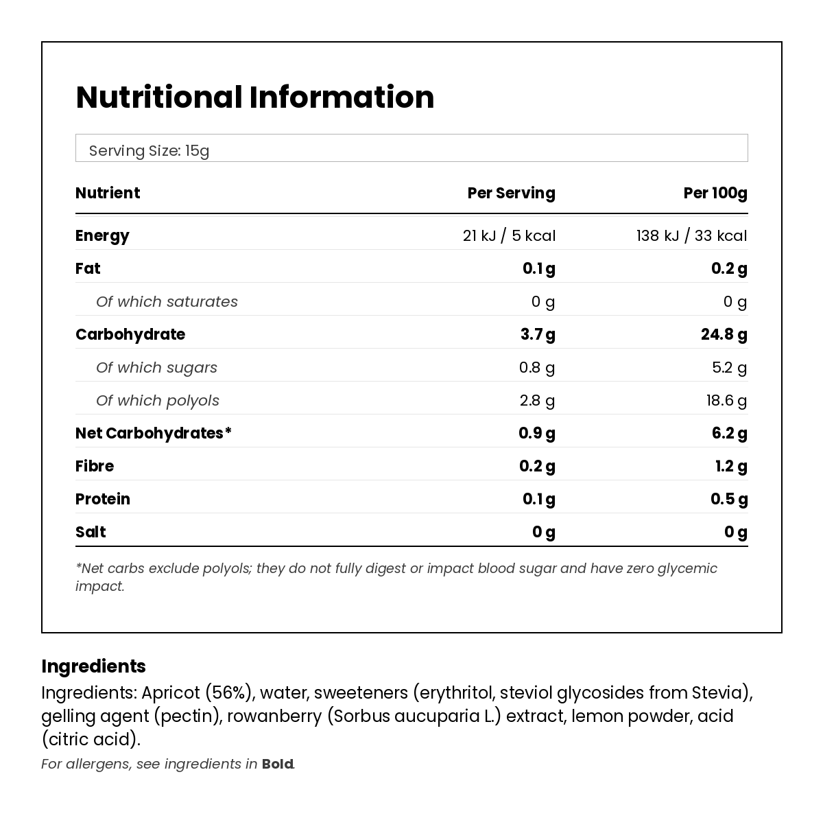 Nutritional information for Keto Jam - Apricot 330g