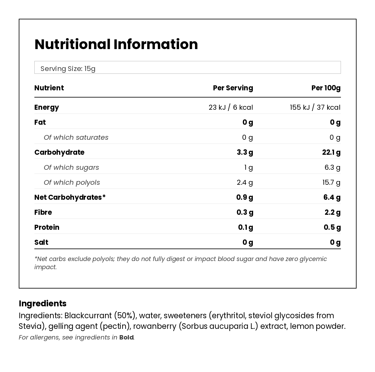 Nutritional information for Keto Jam - Blackcurrant 330g