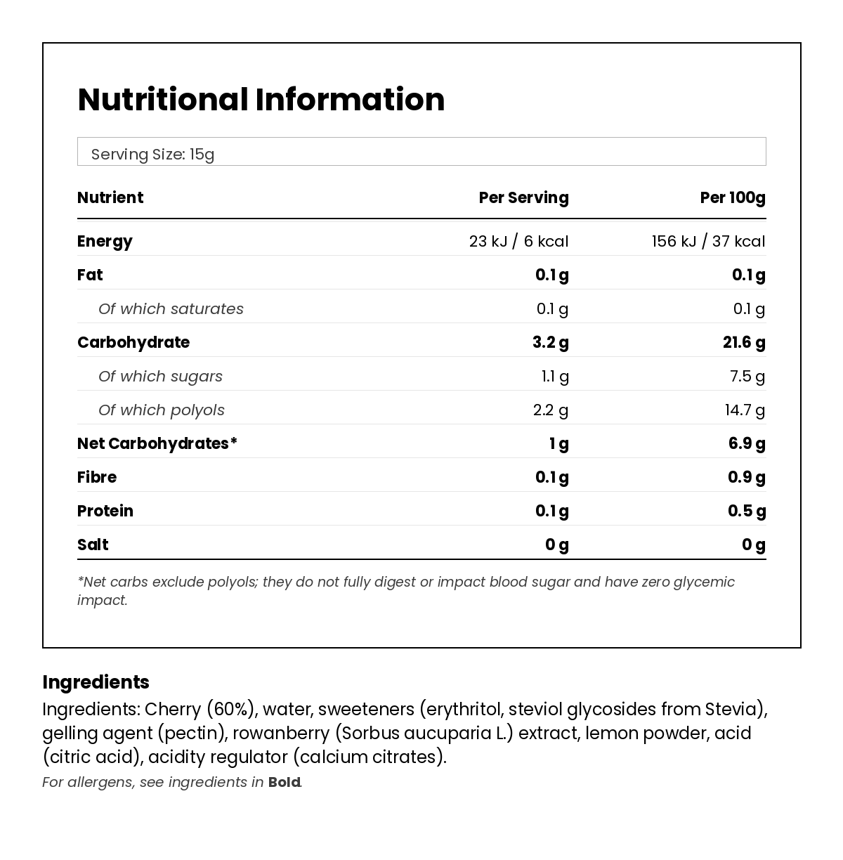 Nutritional information for Keto Jam - Cherry 330g