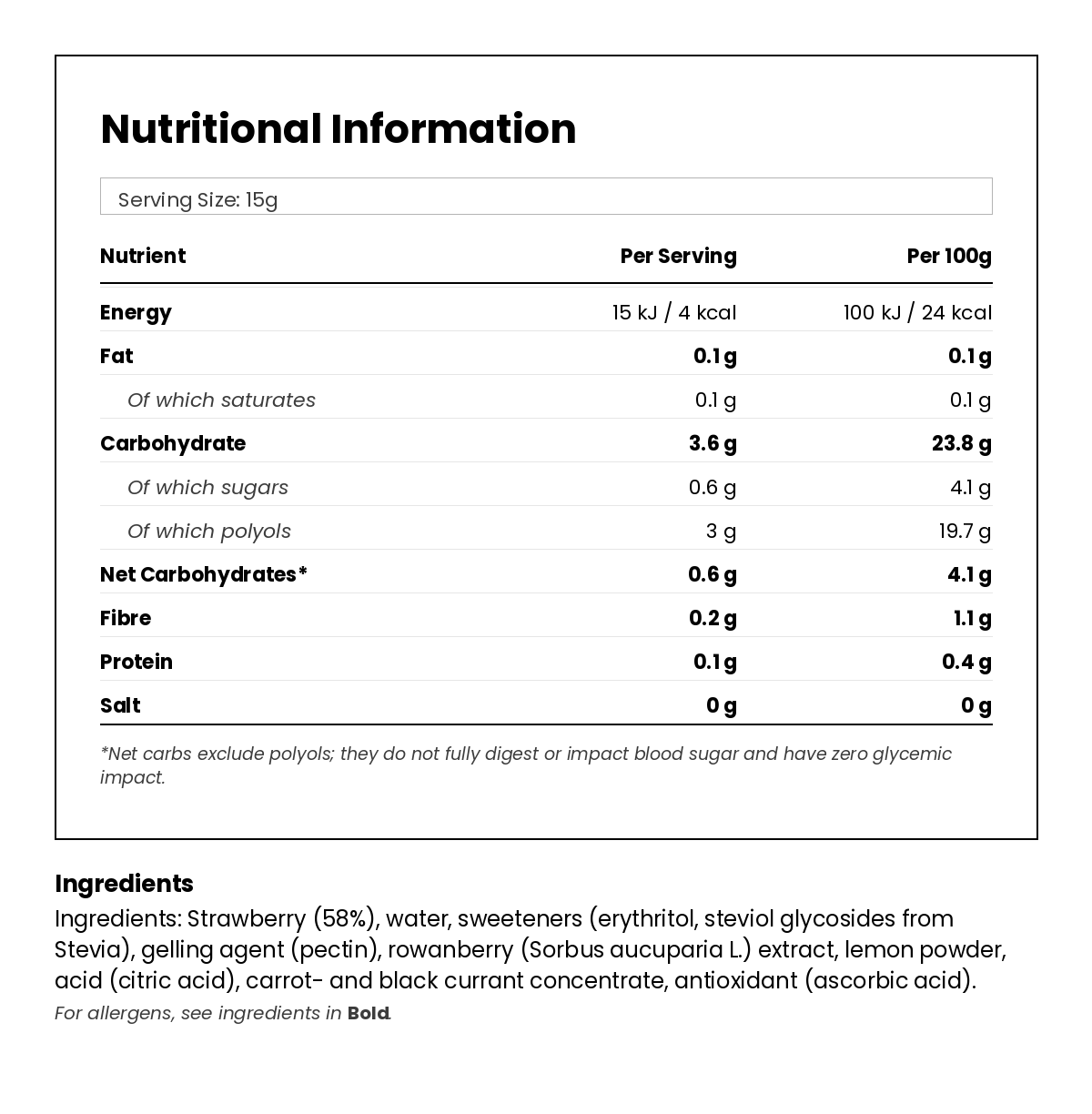 Nutritional information for Keto Jam - Strawberry 330g