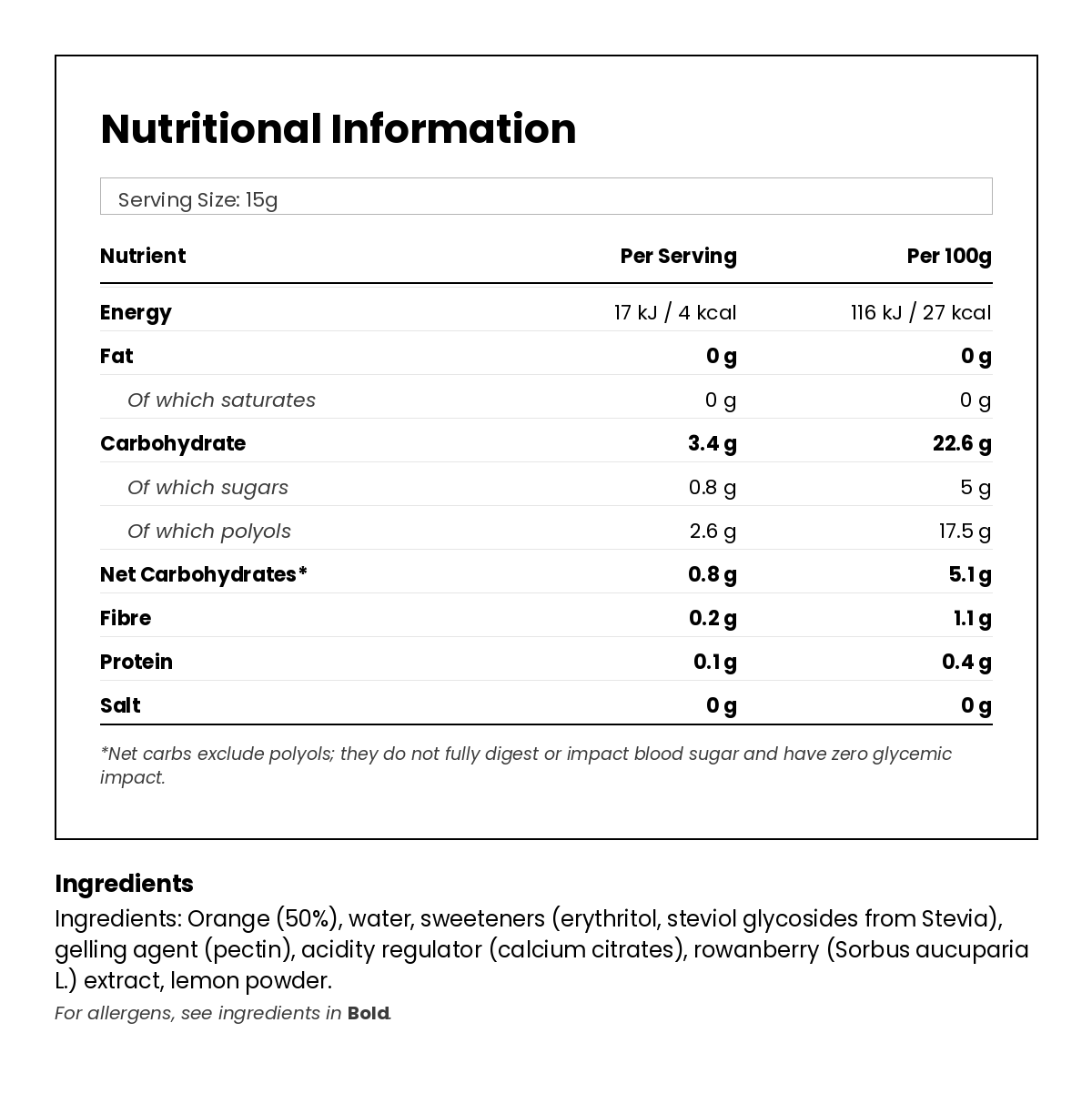Nutritional information for Keto Orange Marmalade 330g