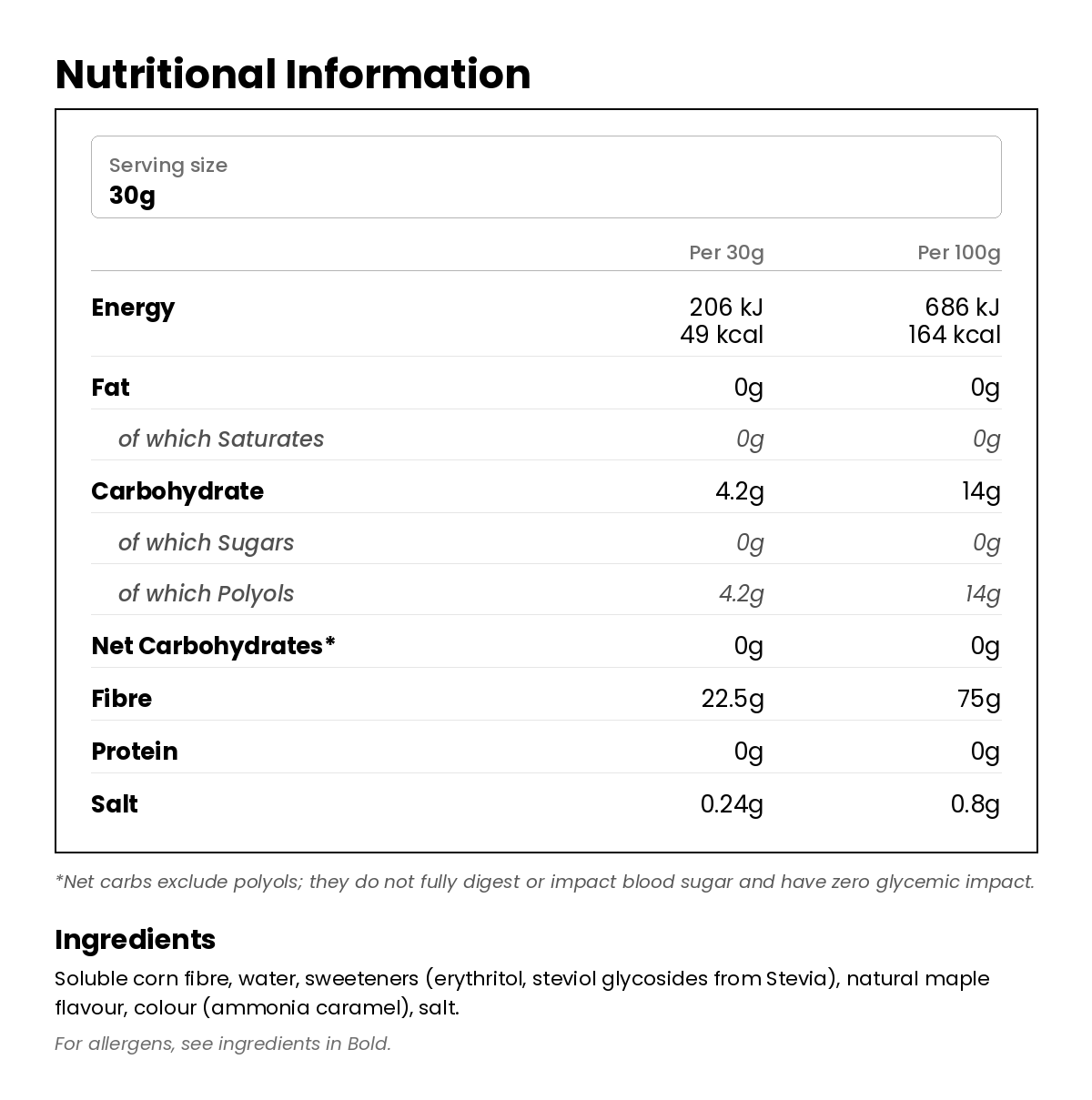 Nutritional information for Keto Syrup - Maple 350g (250ml)