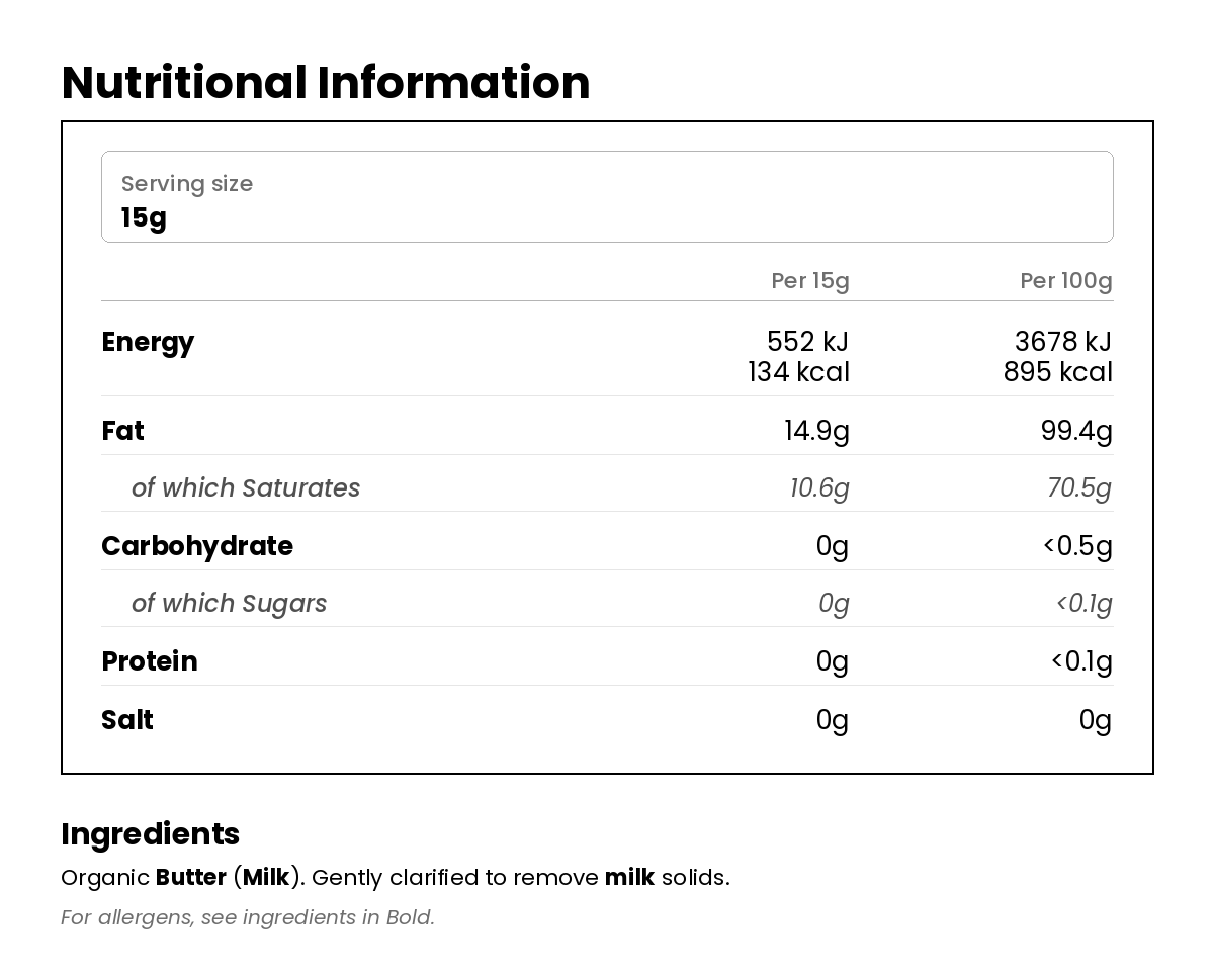 Nutritional information for Organic British Grass-Fed Ghee 450g