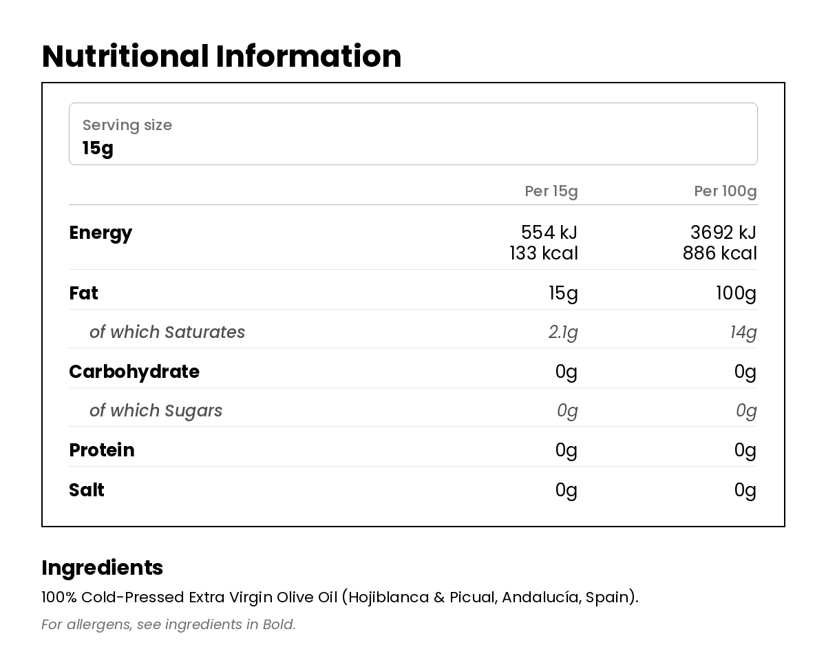 Nutritional information for Spanish Extra Virgin Olive Oil Squeezy 750ml