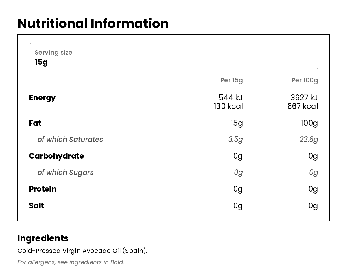 Nutritional information for Spanish Virgin Avocado Oil 500ml