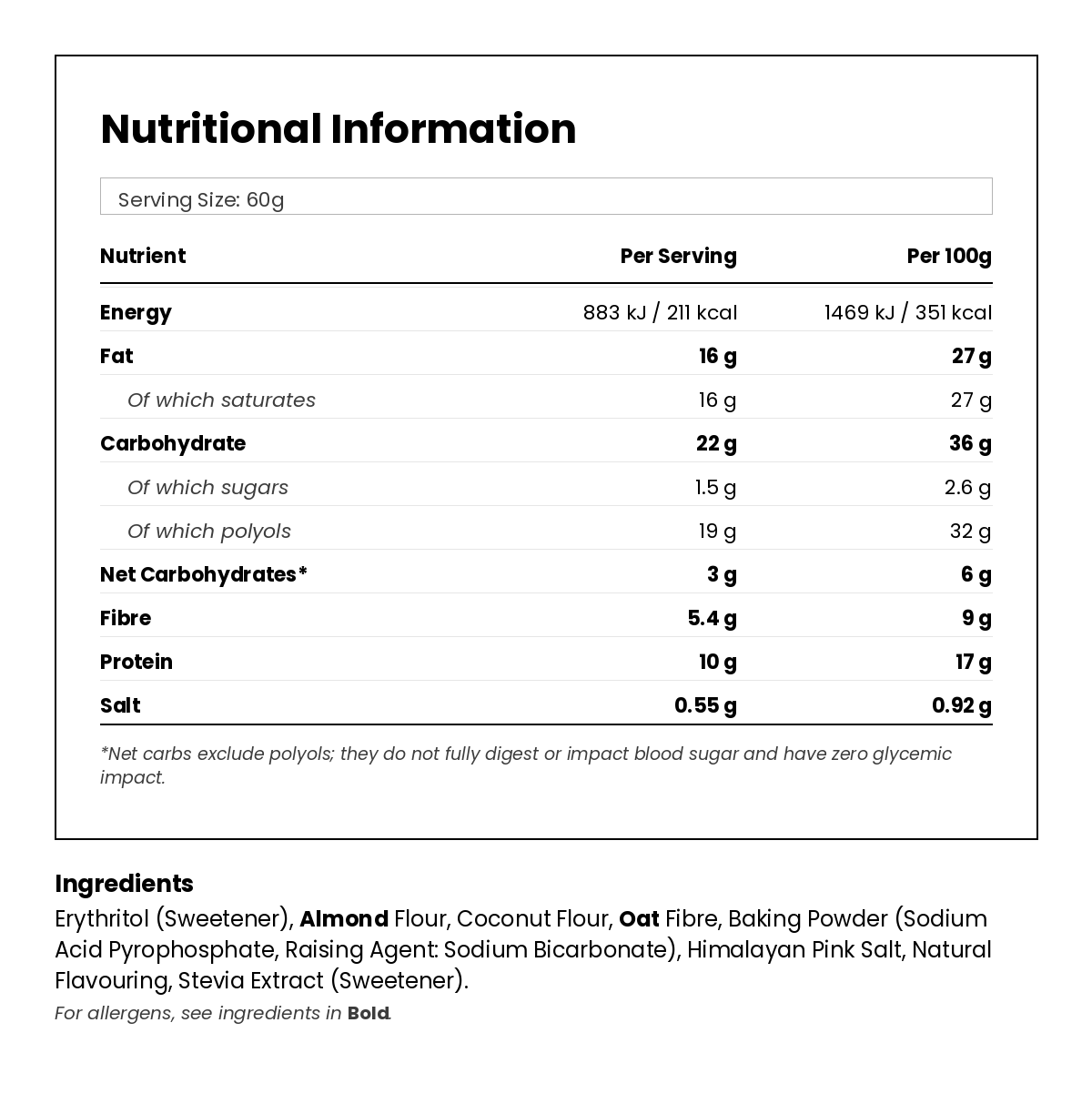 Nutritional information for Keto Vanilla Cake Mug Mix 50g