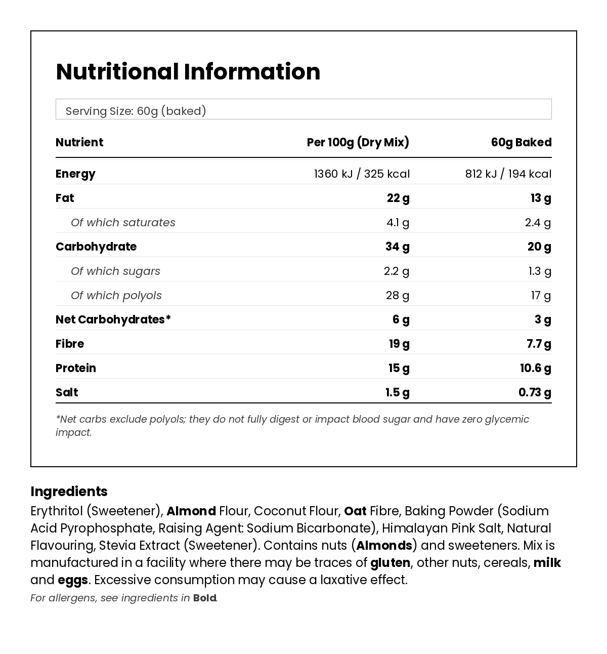 Nutritional information for Keto Salted Caramel Mug Mix 50g