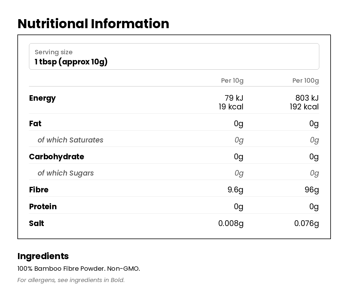 Nutritional information for Bamboo Fibre Flour 500g