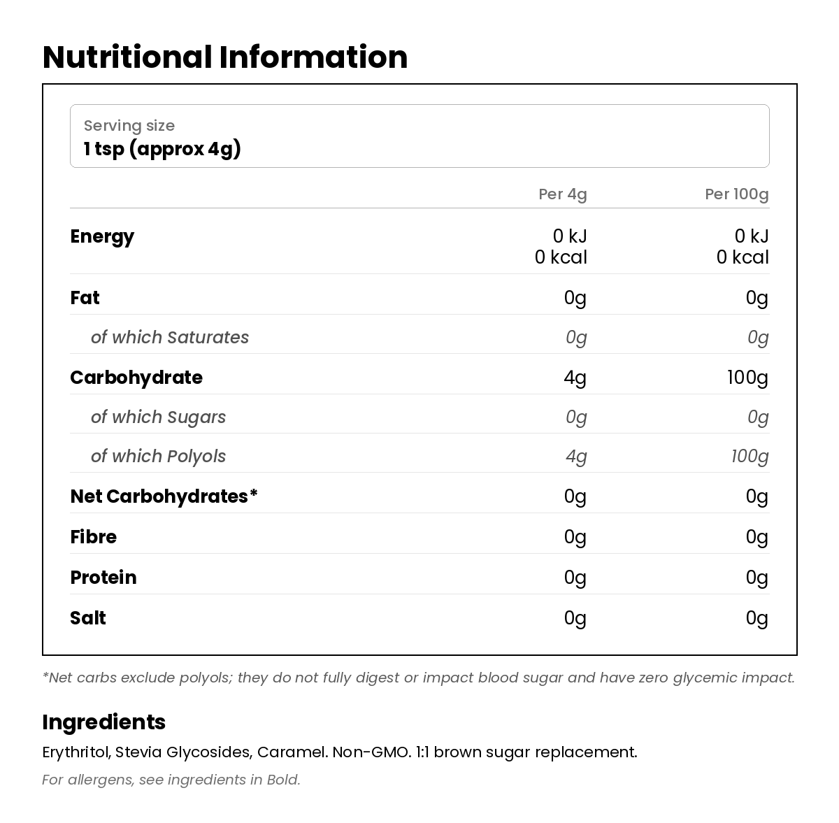 Nutritional information for Brown Erythritol & Stevia Blend 1kg