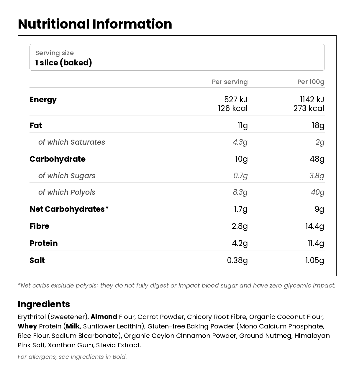 Nutritional information for Carrot Cake Low Carb Baking Mix 260g