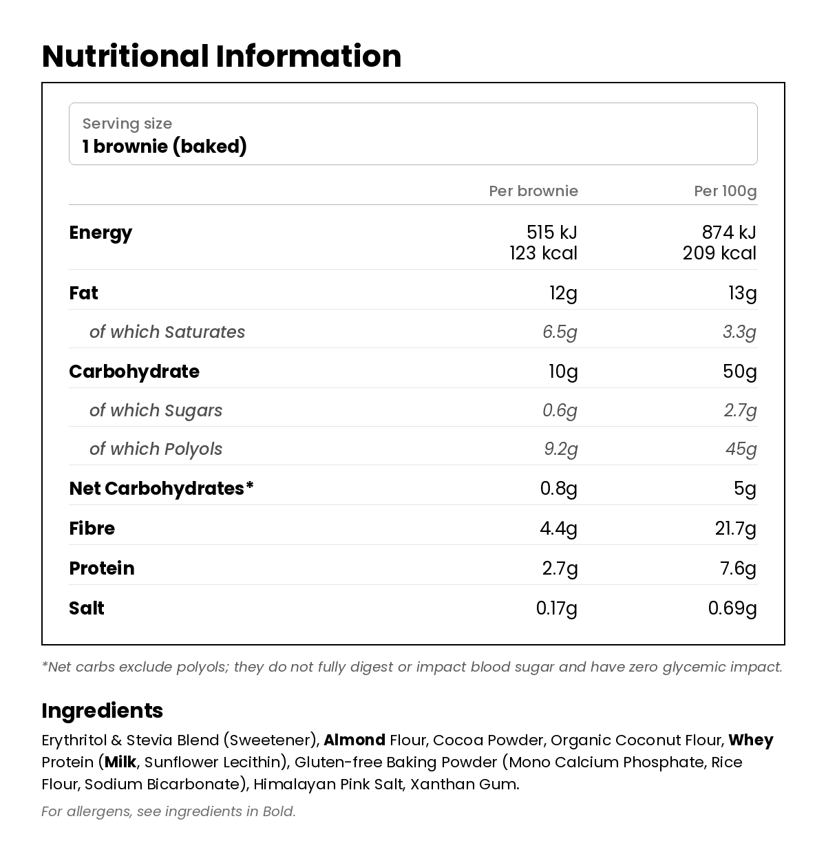 Nutritional information for Chocolate Brownie Low Carb Baking Mix 260g